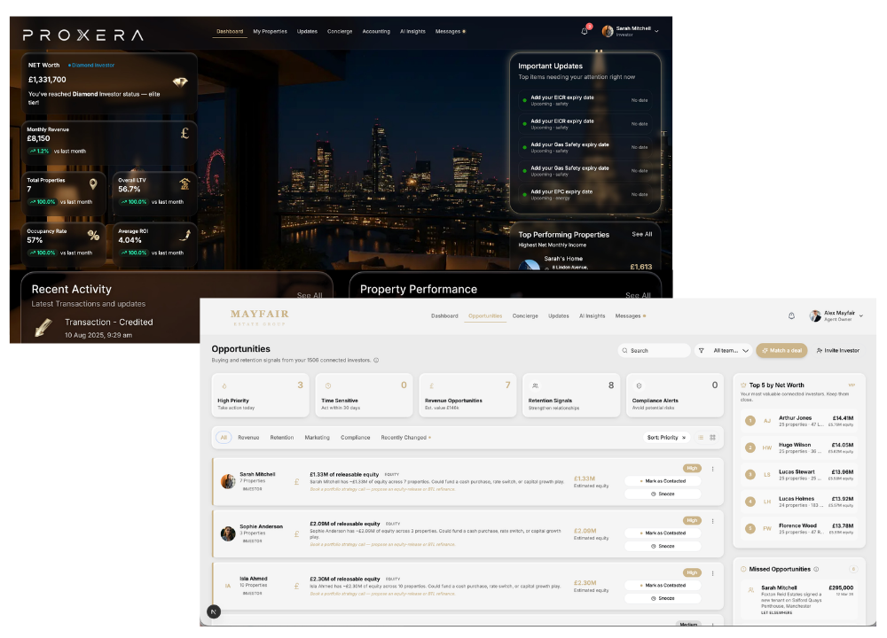 Proxera landlord portfolio dashboard showing property values, rental income and equity positions