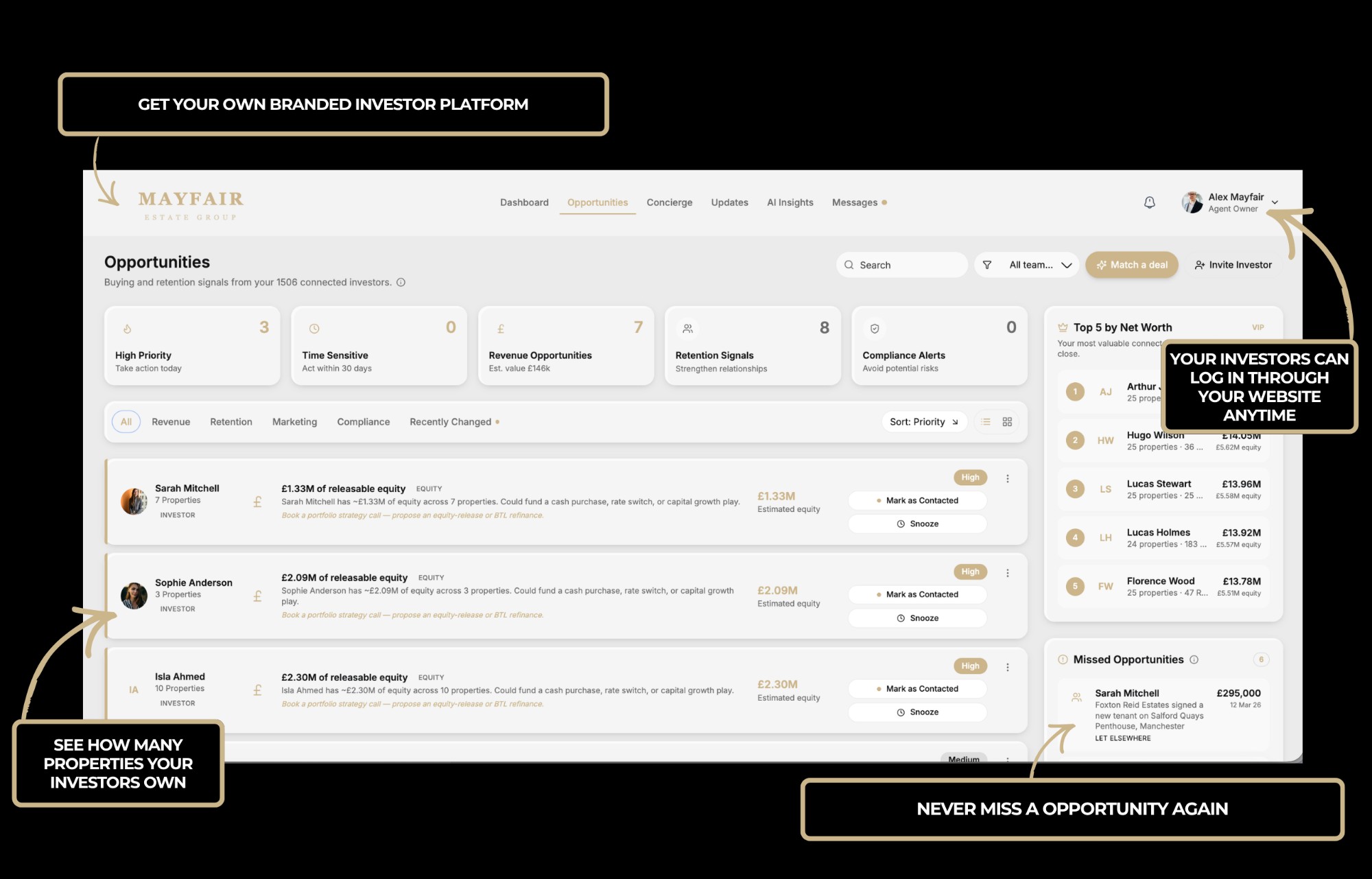 Proxera agent platform showing the Opportunities tab with investor buying signals, equity positions and portfolio intelligence