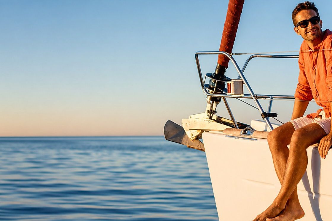 A man relaxing on the bow of a boat at sea