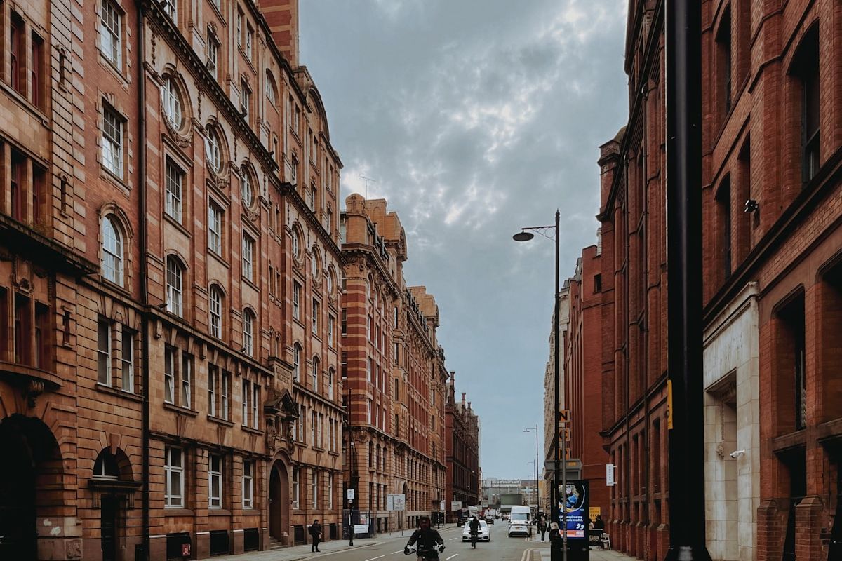 A street of red-brick mansion blocks