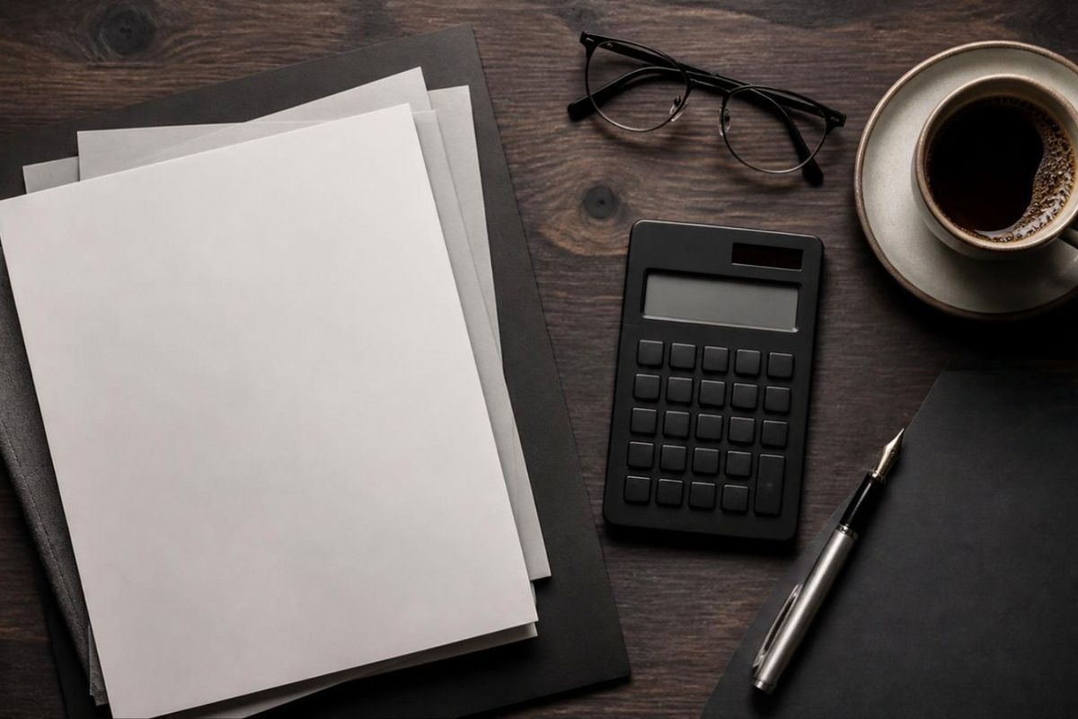 A calculator, glasses and coffee beside blank paperwork