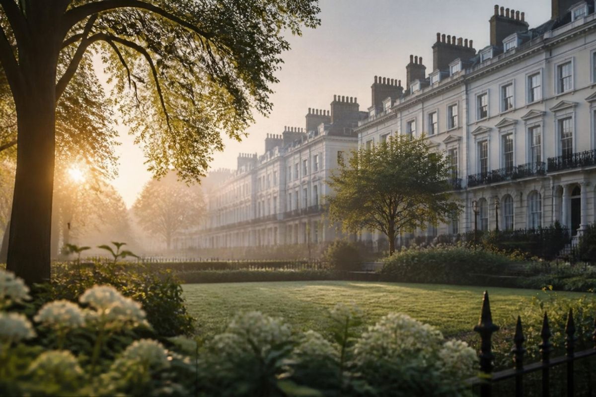 A street of period terraces at sunrise