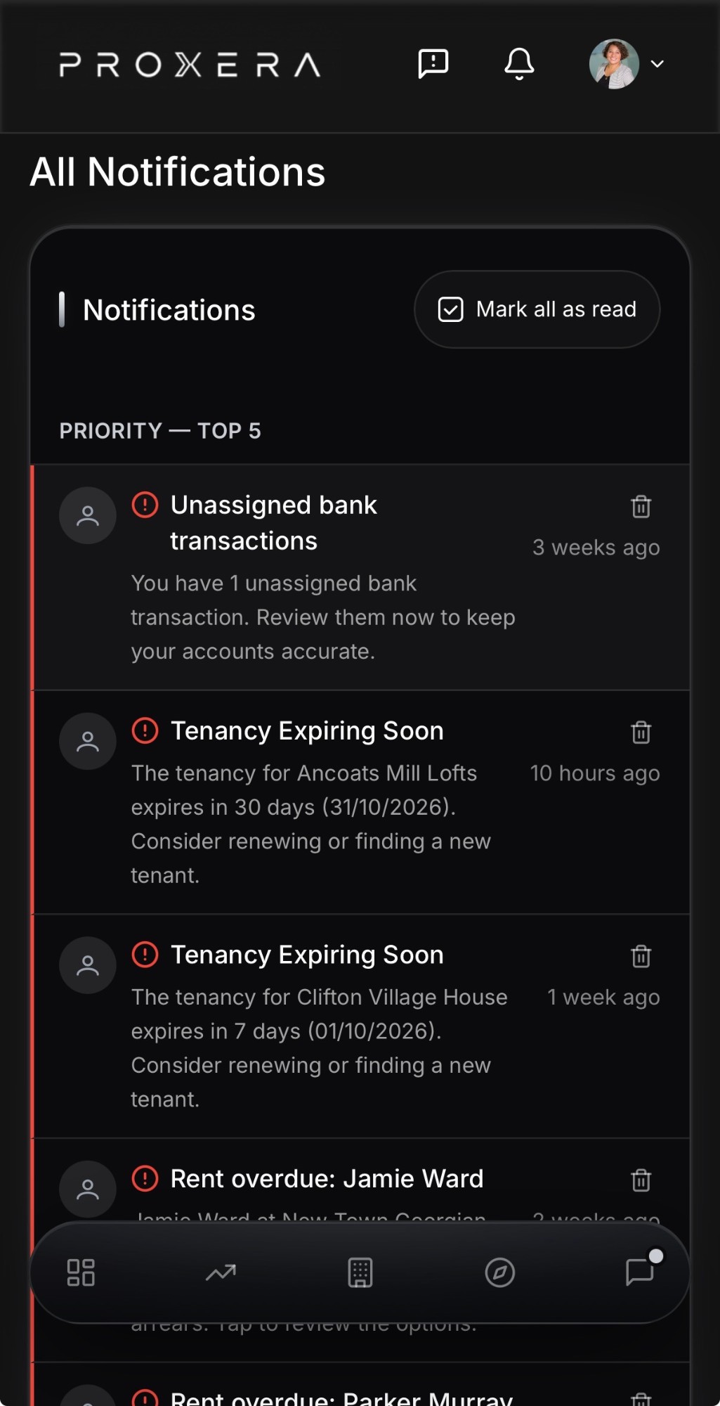 PROXERA app showing alerts for tenancy renewals, overdue rent and bank transactions to review