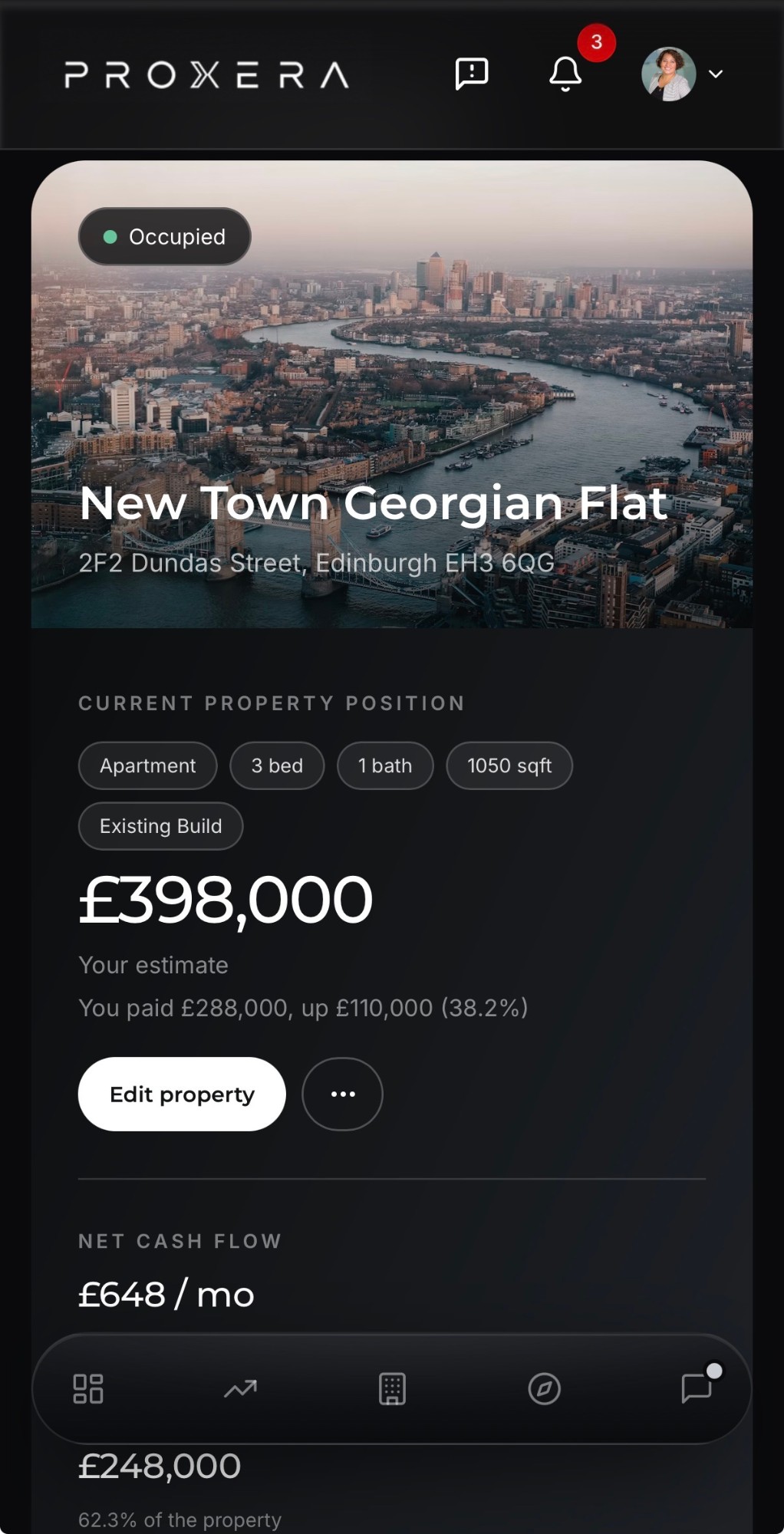 PROXERA app showing a single property with its value, equity and monthly cash flow