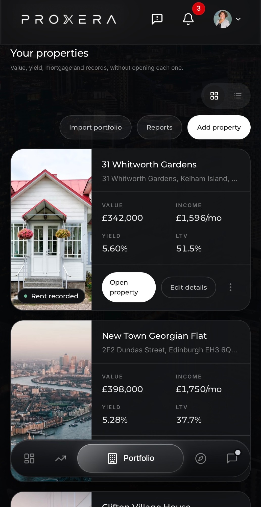 PROXERA app listing a landlord's properties with the value, yield, income and LTV for each