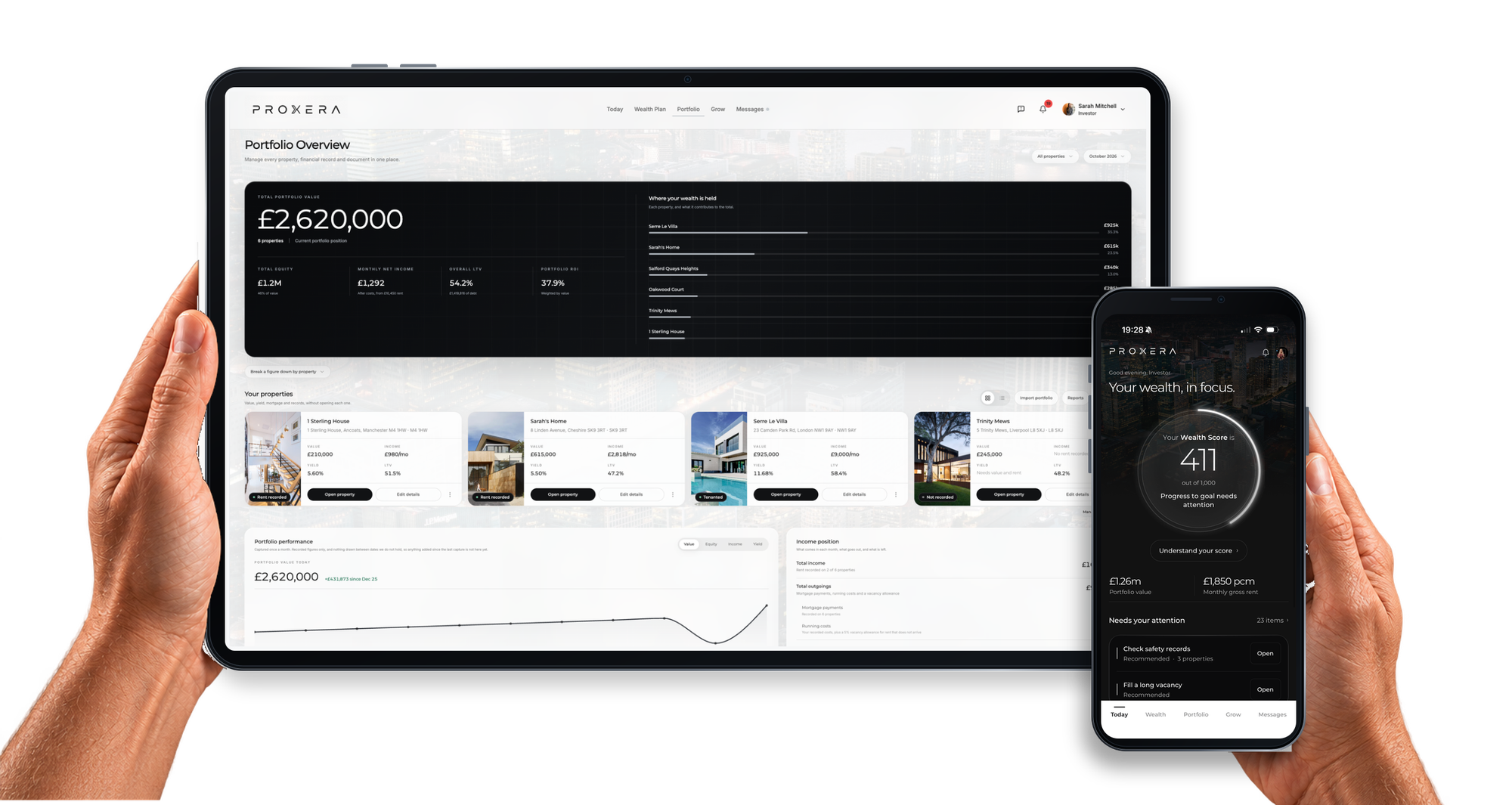 PROXERA Portfolio Overview on an iPad, with the Wealth Score screen on an iPhone