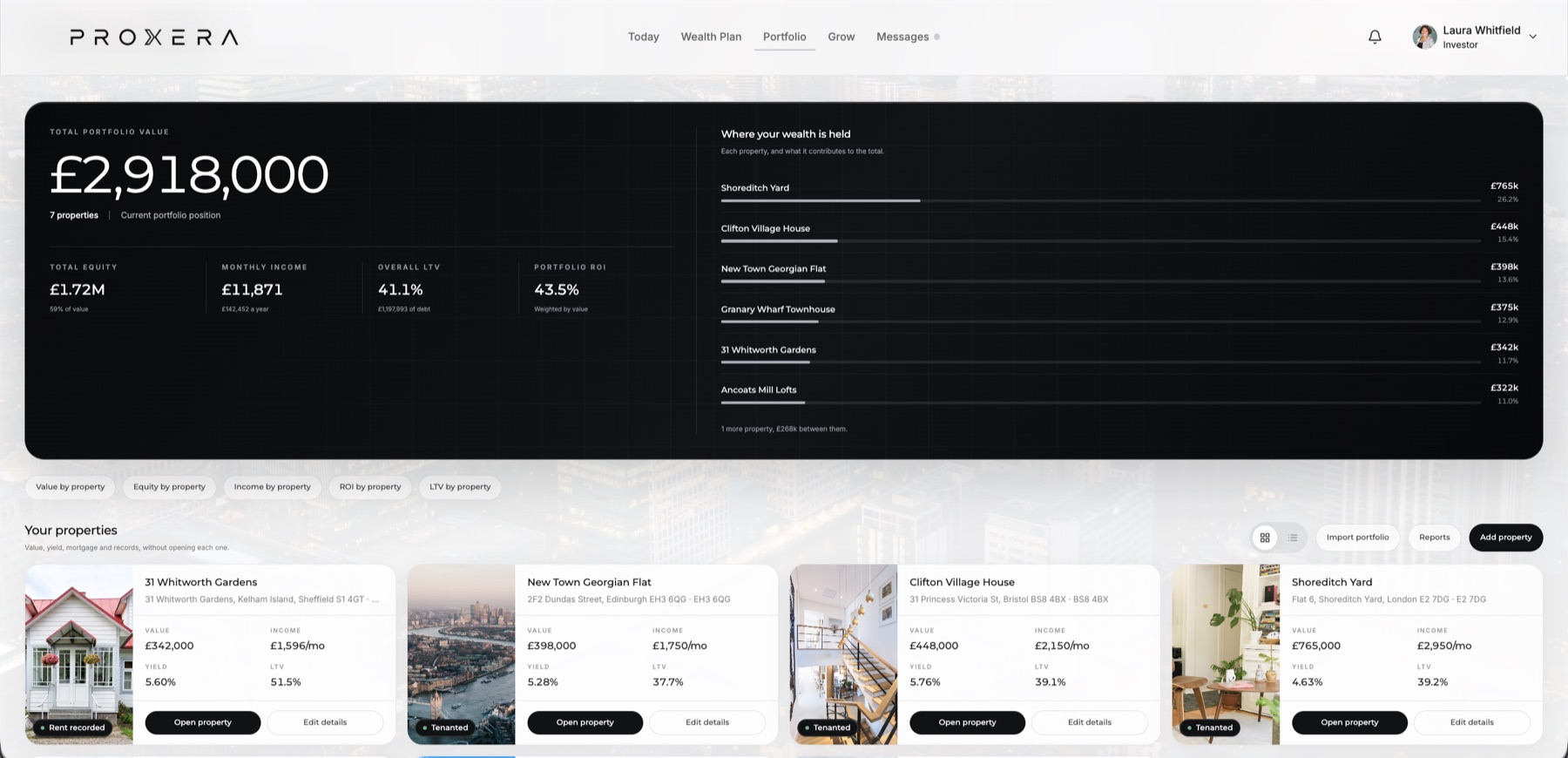 PROXERA portfolio dashboard showing the value and status of every property